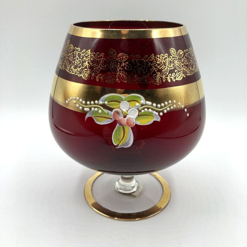 Vintage KREISS Japan Ruby Glass Brandy Snifter Enameled Flowers Gold Gilt 6" H